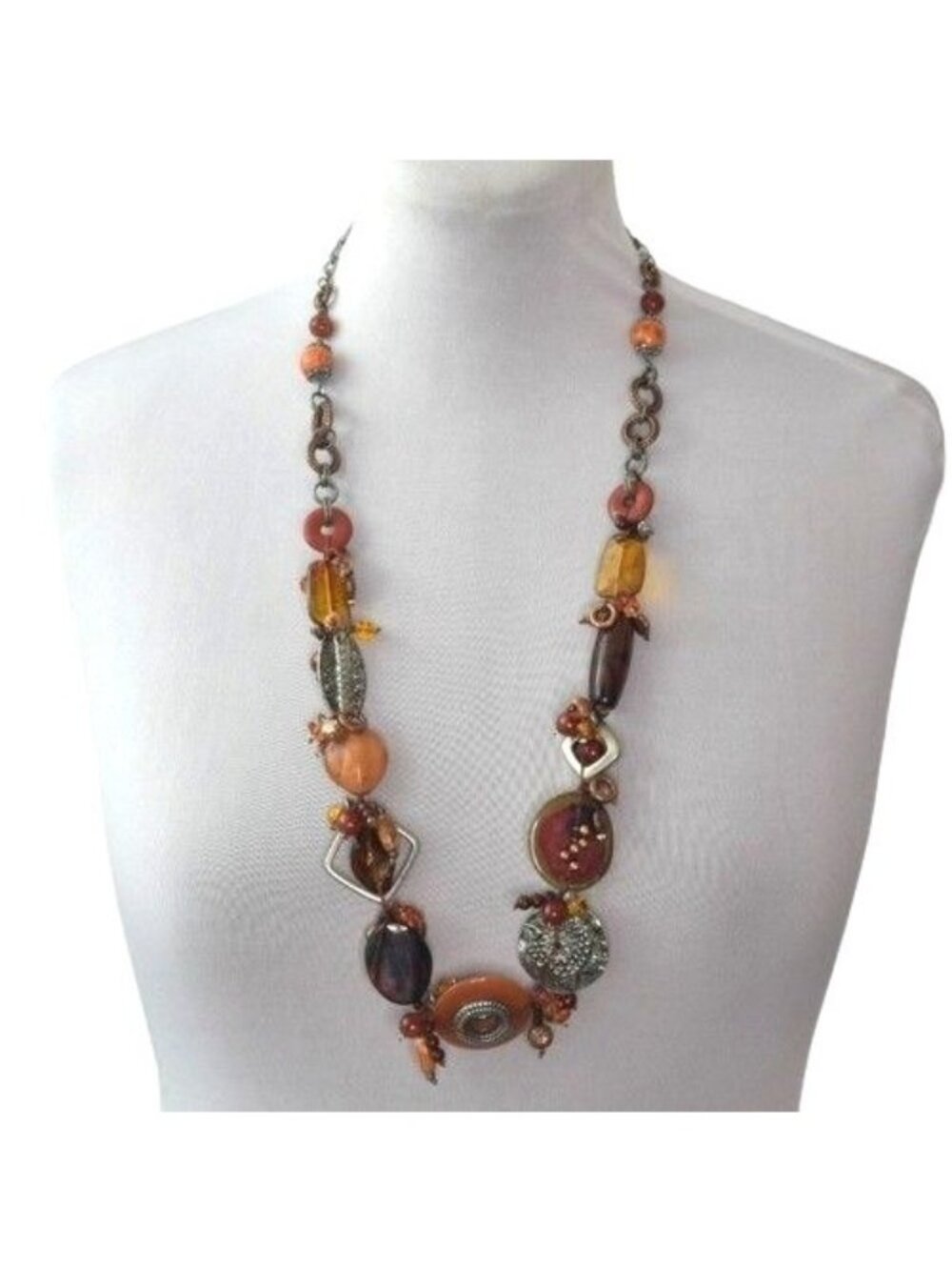 Chicos Mixed Media Beaded Necklace 40 In Chunky Boho Layering Brown Orange Gold